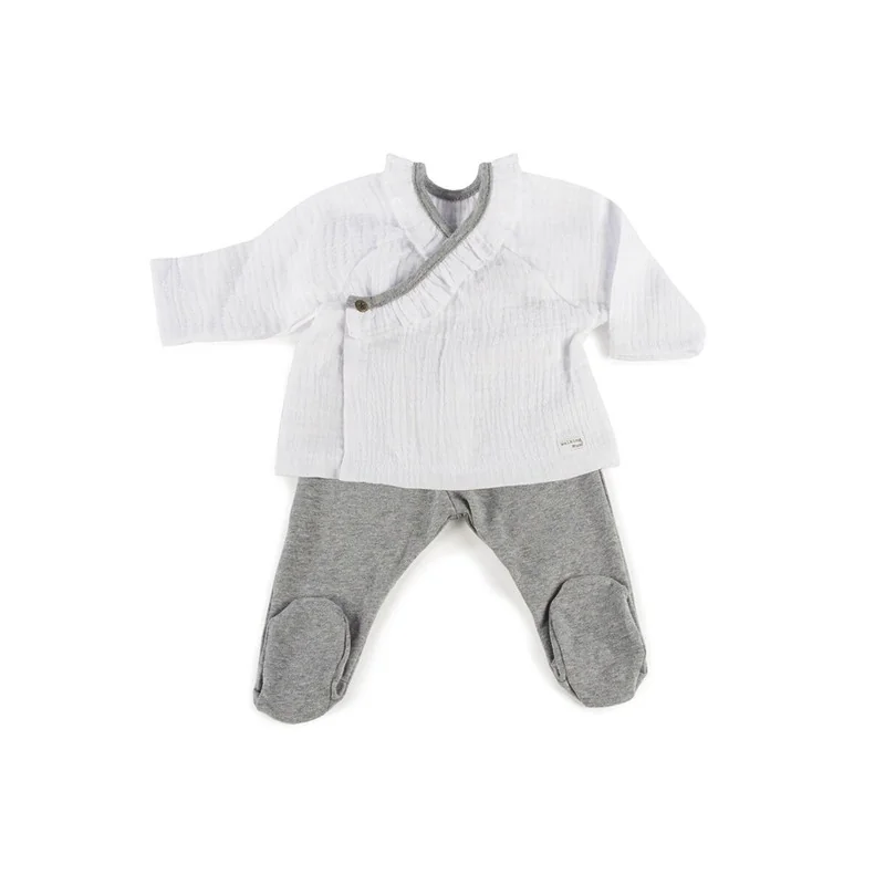 Girls' 2-piece pyjamas 0-3 months Bambula Ocena white and grey Walking Mum