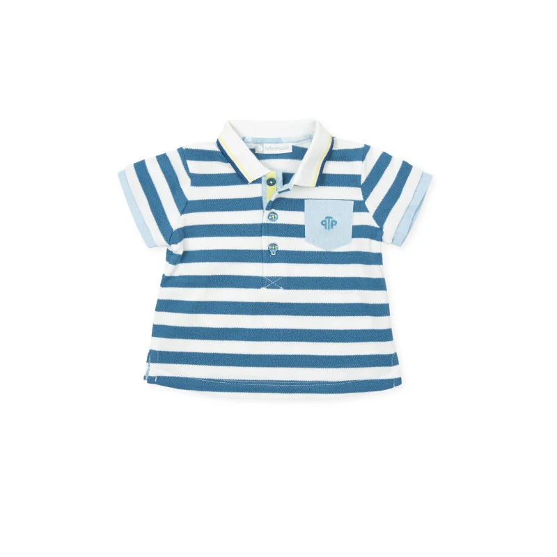 Polo piqué rayé bleu pétrole et blanc Funky garçon Tutto Piccolo Polo piqué rayé bleu pétrole et blanc Funky garçon Tutto Piccolo