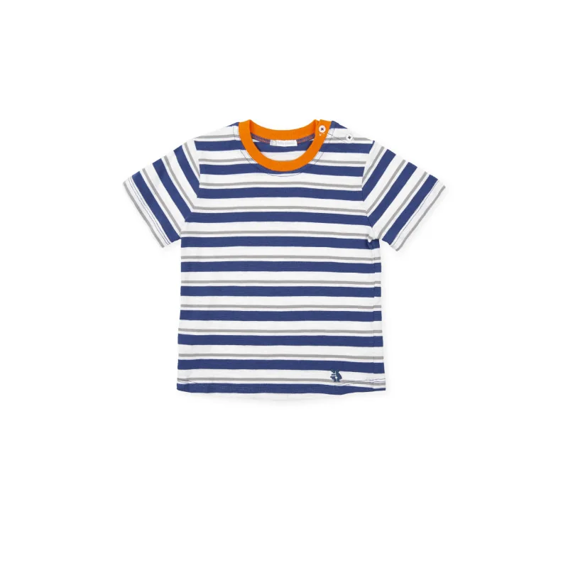 Camiseta de punto a rayas con cuello de canalé en contraste Shuffle Tutto Piccolo S21 Camiseta de punto a rayas con cuello de canalé en contraste Shuffle Tutto Piccolo S21