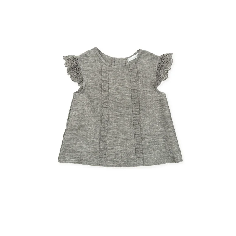 Camisa de lino gris oscuro de manga corta con volantes Rock’n’Roll niña Tutto Piccolo