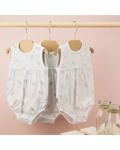 Sleeveless cotton romper Elephants 3 months blue Babidu