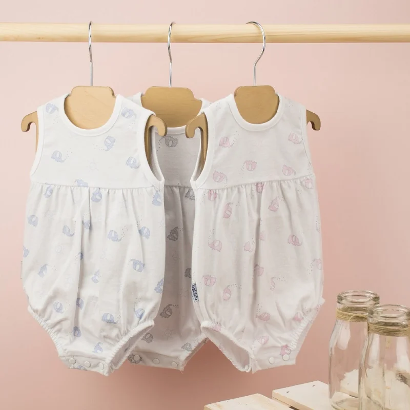 Sleeveless cotton romper Elephants 3 months blue Babidu
