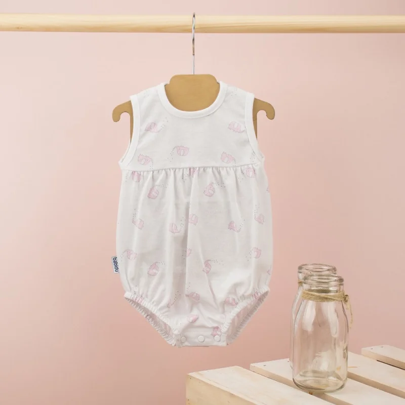 Sleeveless cotton romper Elephants pink 1 month Babidu
