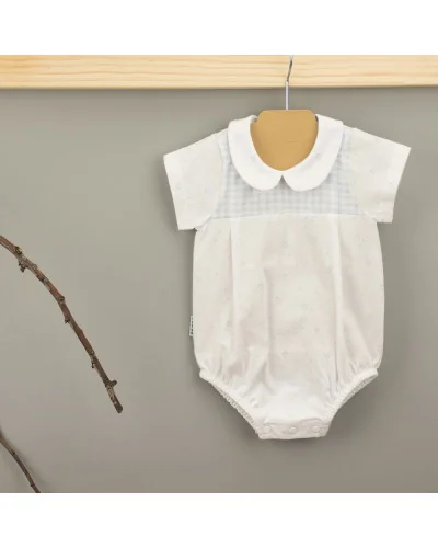 Gingham short-sleeved romper 3 months blue boy Babidu