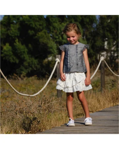 Chemise lin gris foncé manches courtes volants Rock’n’Roll fille Tutto Piccolo