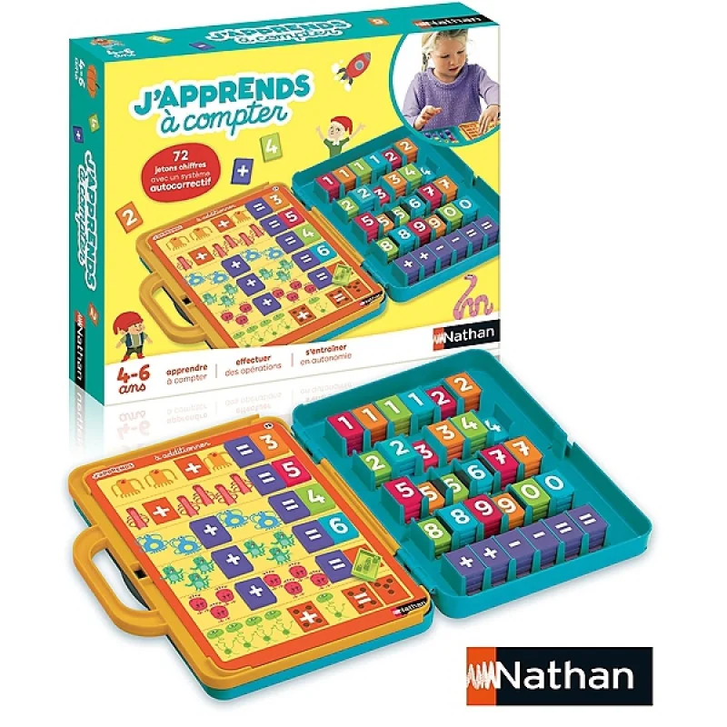 Jeu éducatif J’apprends à compter Nathan : mallette ouverte avec planches et jetons chiffres Jeu éducatif J’apprends à compter Nathan : mallette ouverte avec planches et jetons chiffres