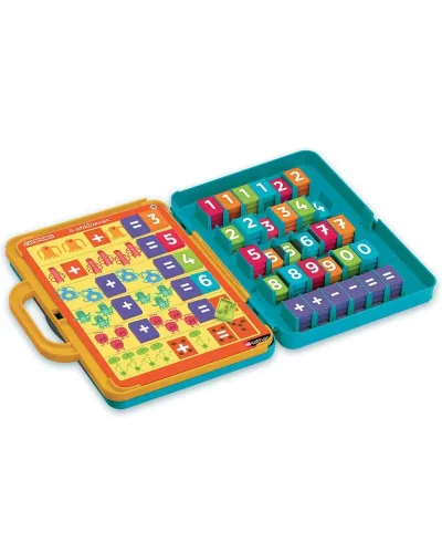 Jeu éducatif J’apprends à compter Nathan : mallette ouverte avec planches et jetons chiffres