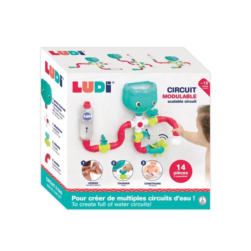 Grand circuit d’eau Ludi, jouet de bain 14 pièces fixé sur une baignoire Grand circuit d’eau Ludi, jouet de bain 14 pièces fixé sur une baignoire