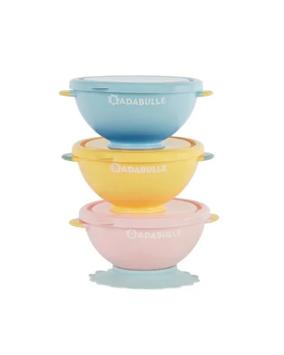 Lot de 3 bols bébé Fun Colors avec couvercles et ventouse, Badabulle