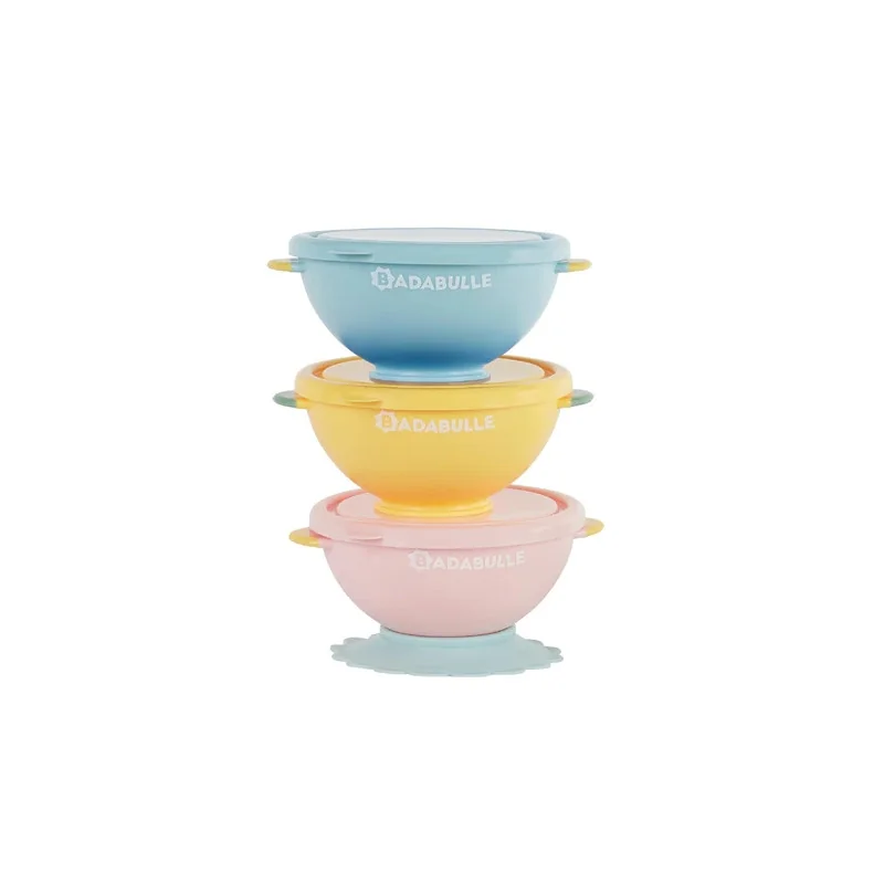 Lot de 3 bols bébé Fun Colors avec couvercles et ventouse, Badabulle