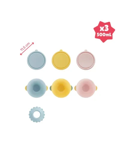 Lot de 3 bols bébé Fun Colors avec couvercles et ventouse, Badabulle