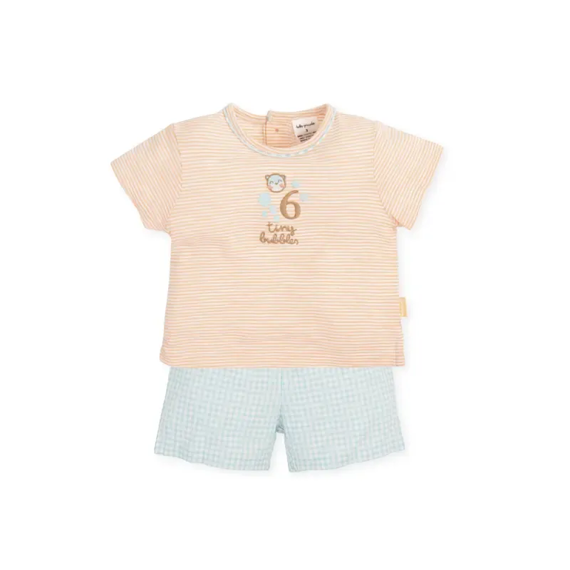 Bambi boys' short-sleeved 2-piece set peach stripes with embroidered bear Tutto Piccolo