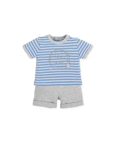 Ensemble 2P manches courtes en maille unie a rayures porcelaine gris - Caballito de maar Tutto Piccolo SS23