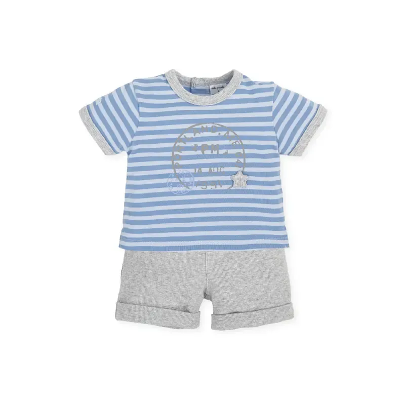 Ensemble 2P manches courtes en maille unie a rayures porcelaine gris - Caballito de maar Tutto Piccolo SS23