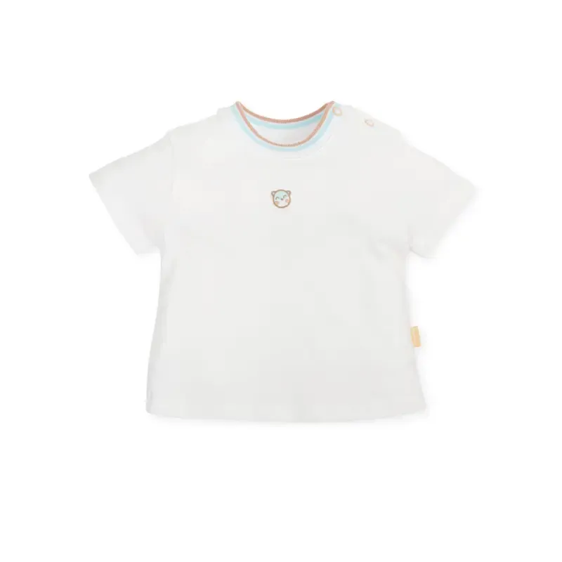 T-shirt blanc a manches courtes en maille flammee unie avec col cotele