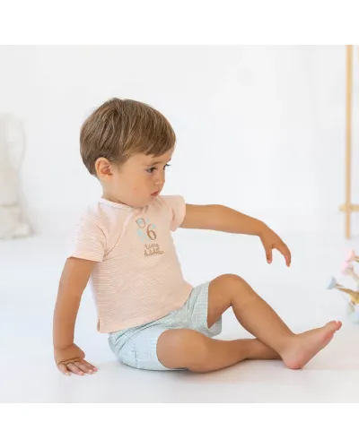 Bambi boys' short-sleeved 2-piece set peach stripes with embroidered bear Tutto Piccolo