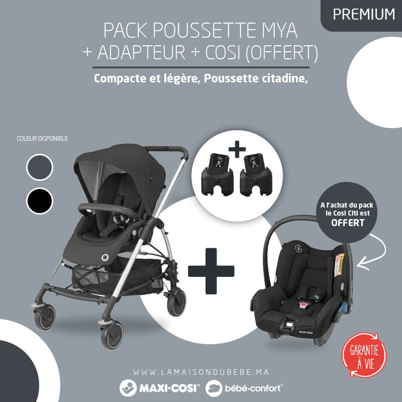 Pack poussette duo Mya essential Black + siège auto Citi essential Black offert Bebe Confort