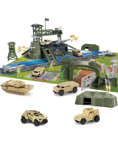 Medium military base with military vehicles and planes