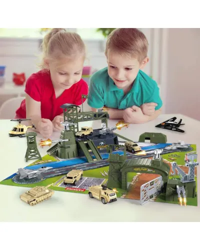 Medium military base with military vehicles and planes