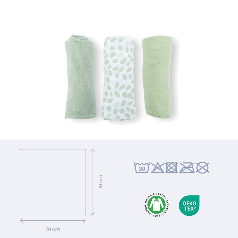 Set de 3 Langes en Mousseline leaves green lovely | la maison du bebe Set de 3 Langes en Mousseline leaves green lovely | la maison du bebe