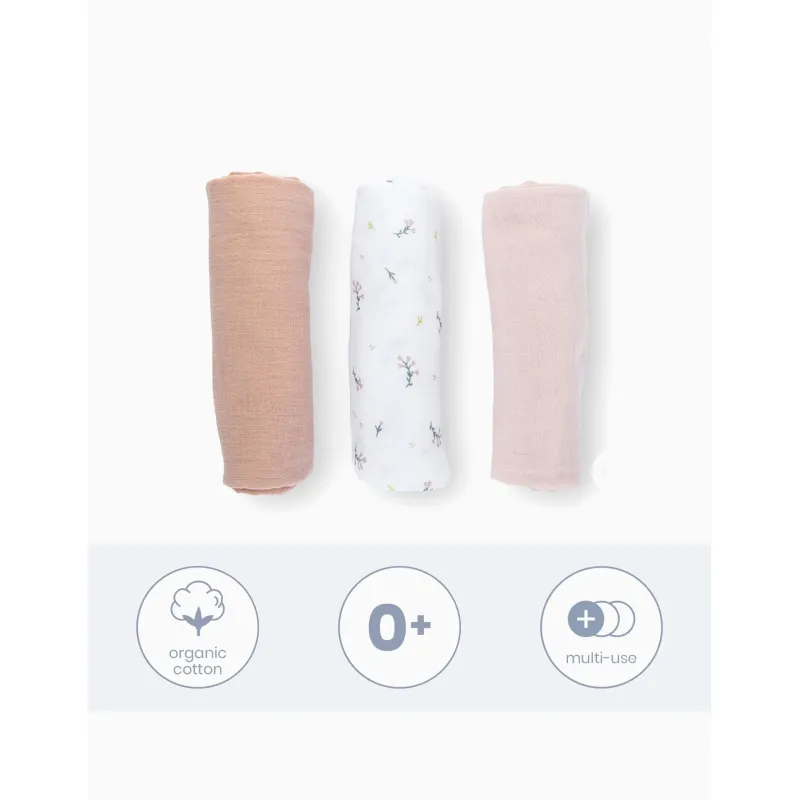 Set de 3 langes en mousseline flower pink lovely | la maison du bebe Set de 3 langes en mousseline flower pink lovely | la maison du bebe