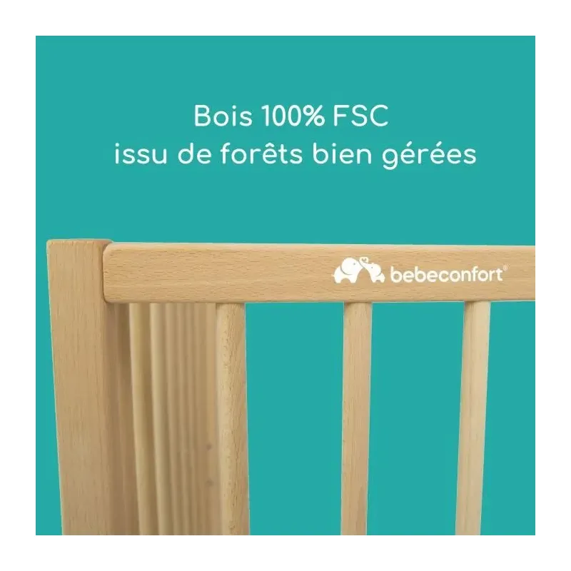 Lit à barreaux Poppy Bébé Confort, détail des barreaux et de la finition bois naturel
