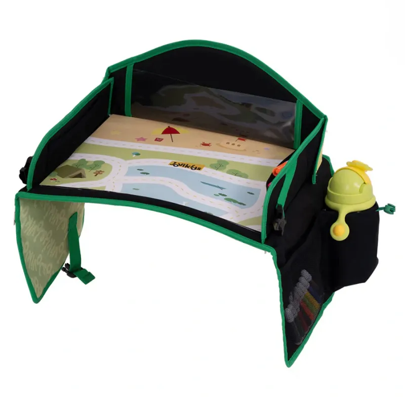 Tablette de voyage enfant pour siège auto vert mousse Jovikids avec poches et surface de dessin Tablette de voyage enfant pour siège auto vert mousse Jovikids avec poches et surface de dessin