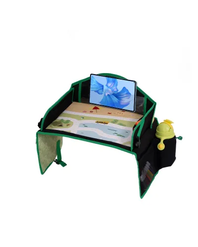Tablette de voyage enfant pour siège auto vert mousse Jovikids avec poches et surface de dessin