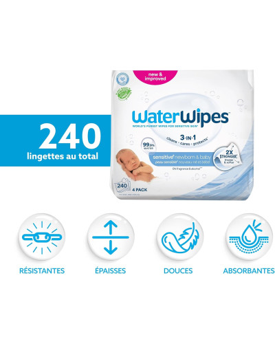 WaterWipes Lingettes bébé 99,9 % d'eau – Pack 4 x 60