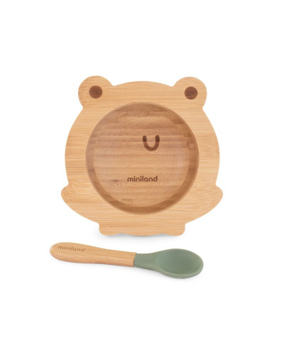 Miniland Frog bamboo suction baby bowl with spoon