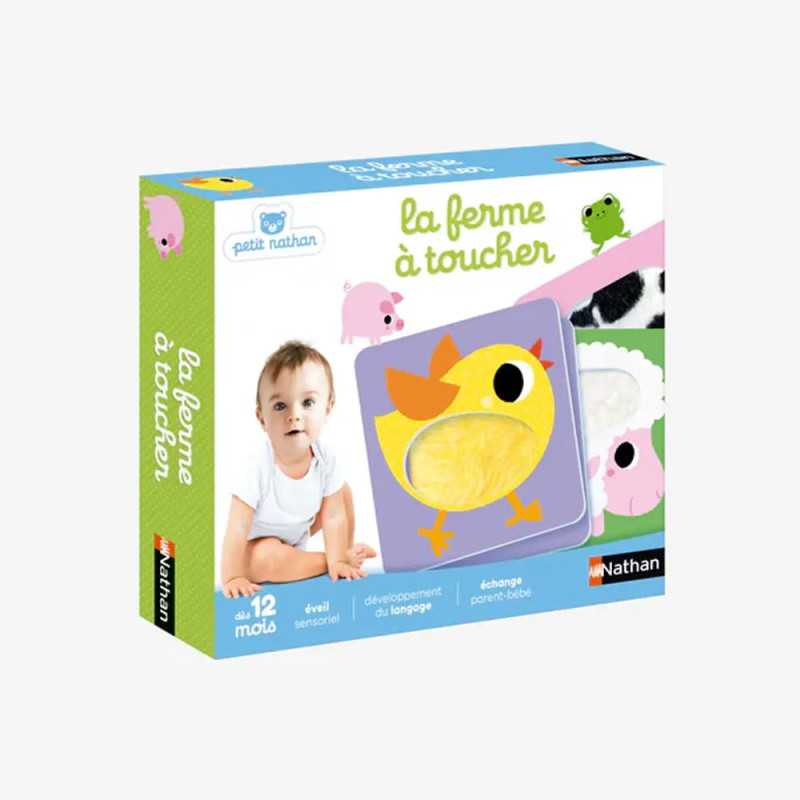 Jeu tactile bébé La Ferme à Toucher Nathan, cartes animaux de la ferme et matières