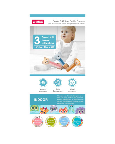 Hochet peluche bébé Shake & Chime Rattle Friends Winfun, animal assorti