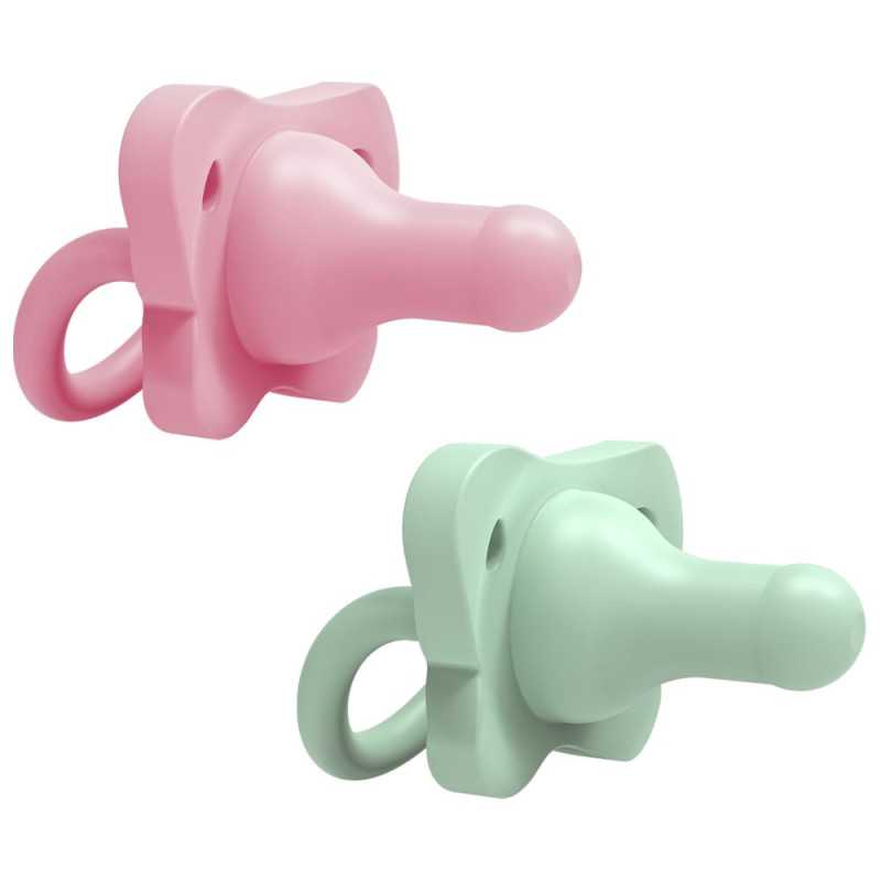 Sucettes Dr. Brown's HappyPaci rose et vert dans leur emballage