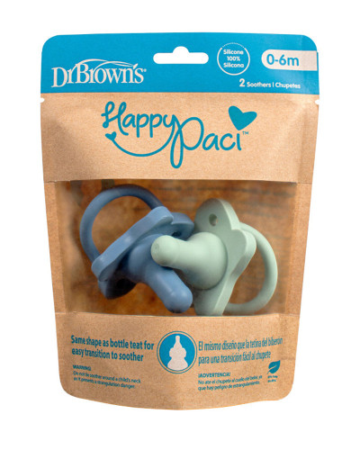 Sucettes Dr. Brown's HappyPaci bleu et vert dans leur emballage