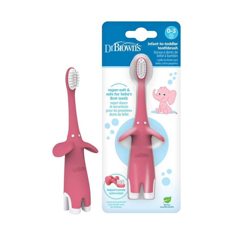 Brosse à dents bébé Dr. Brown's éléphant rose dans son emballage