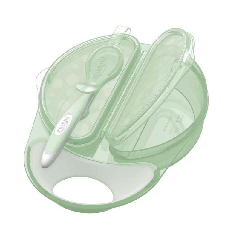 Bol Travel Fresh Dr. Brown's vert clair avec couvercle à pois et cuillère