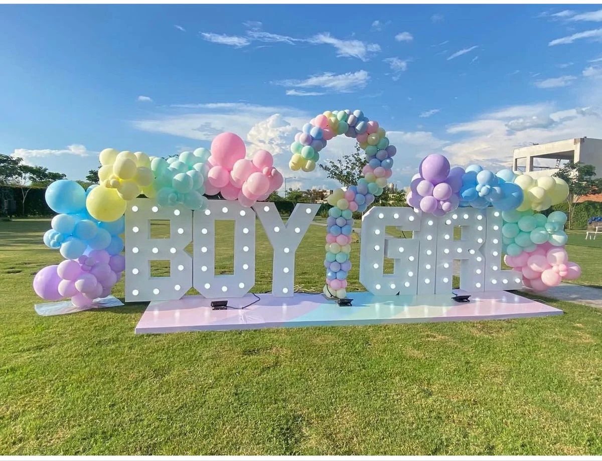 Lettres lumineuses BOY et GIRL et arche de ballons pastel pour une gender reveal en plein air
